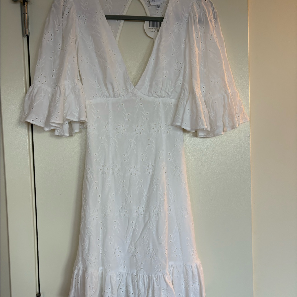 White Embellished Mini Sundress With Plunge Neckline And Bell Sleeves